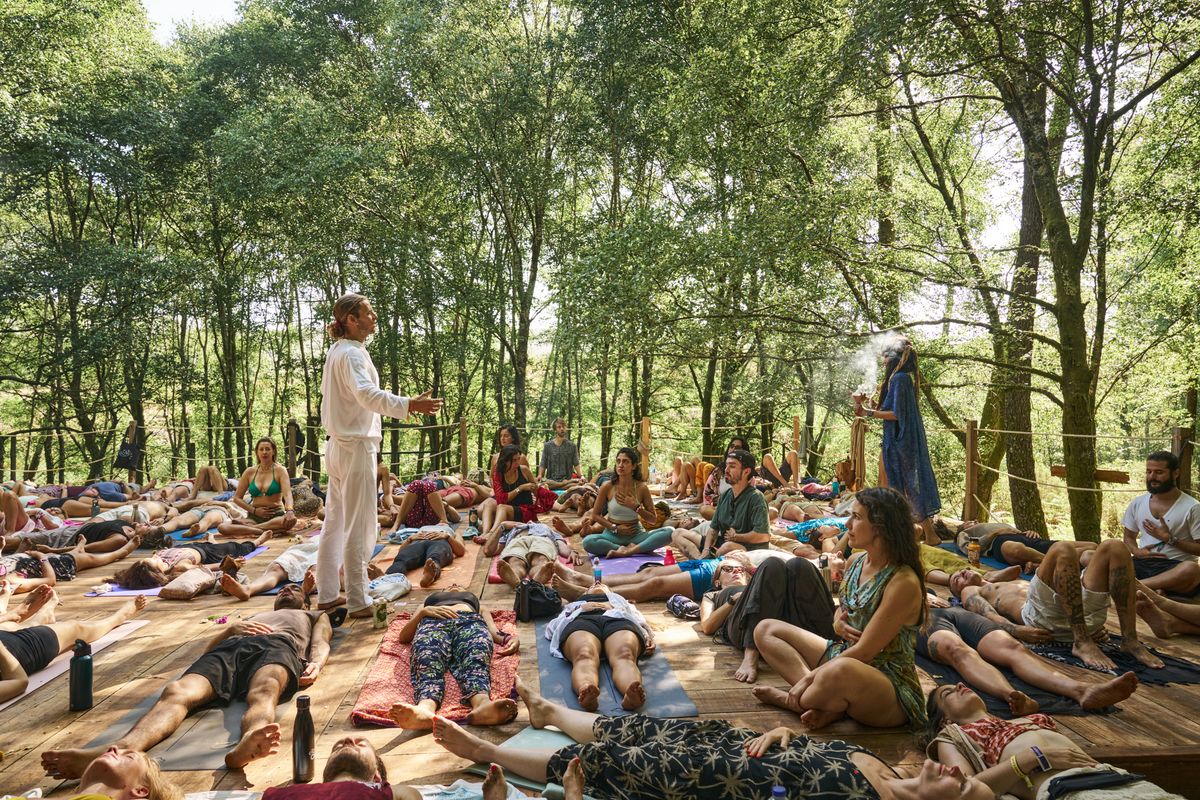 David leading breathwork for 30+ people in a Portuguese forest, Goat Community Festival 2024