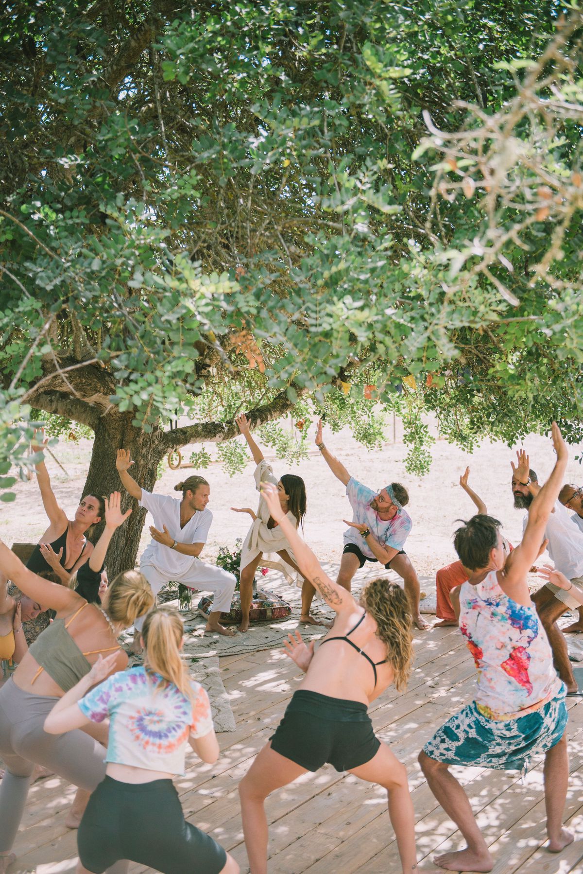 Group movement session with arms raised under a tree in Ibiza 2023